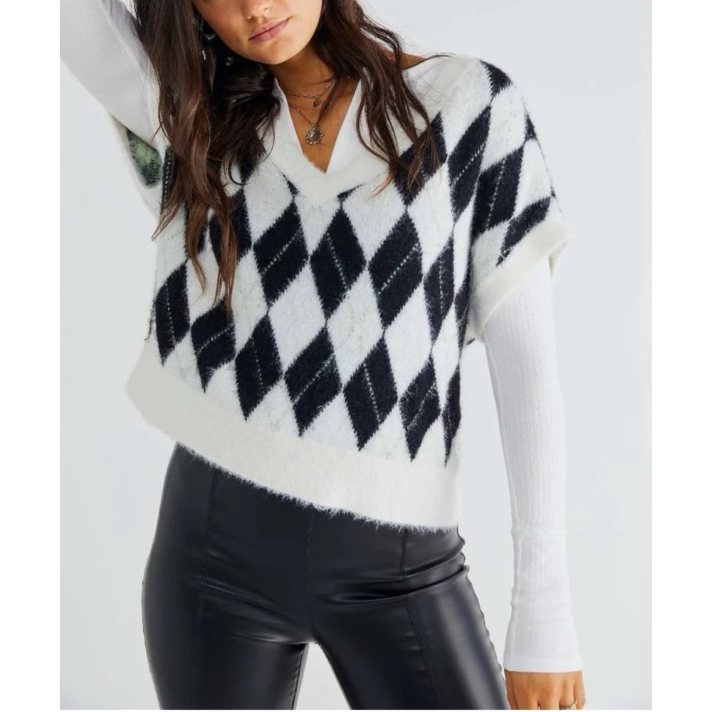 Free People SM Through The Motions Vest Cream Black Eyelash Knit V Neck Argyle
